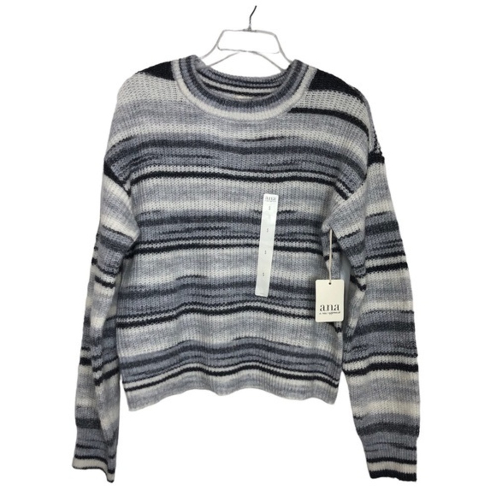Ana Wool blend Rn#114186 Gray white Straps Crew Neck Pull Over Knit Sweater S
